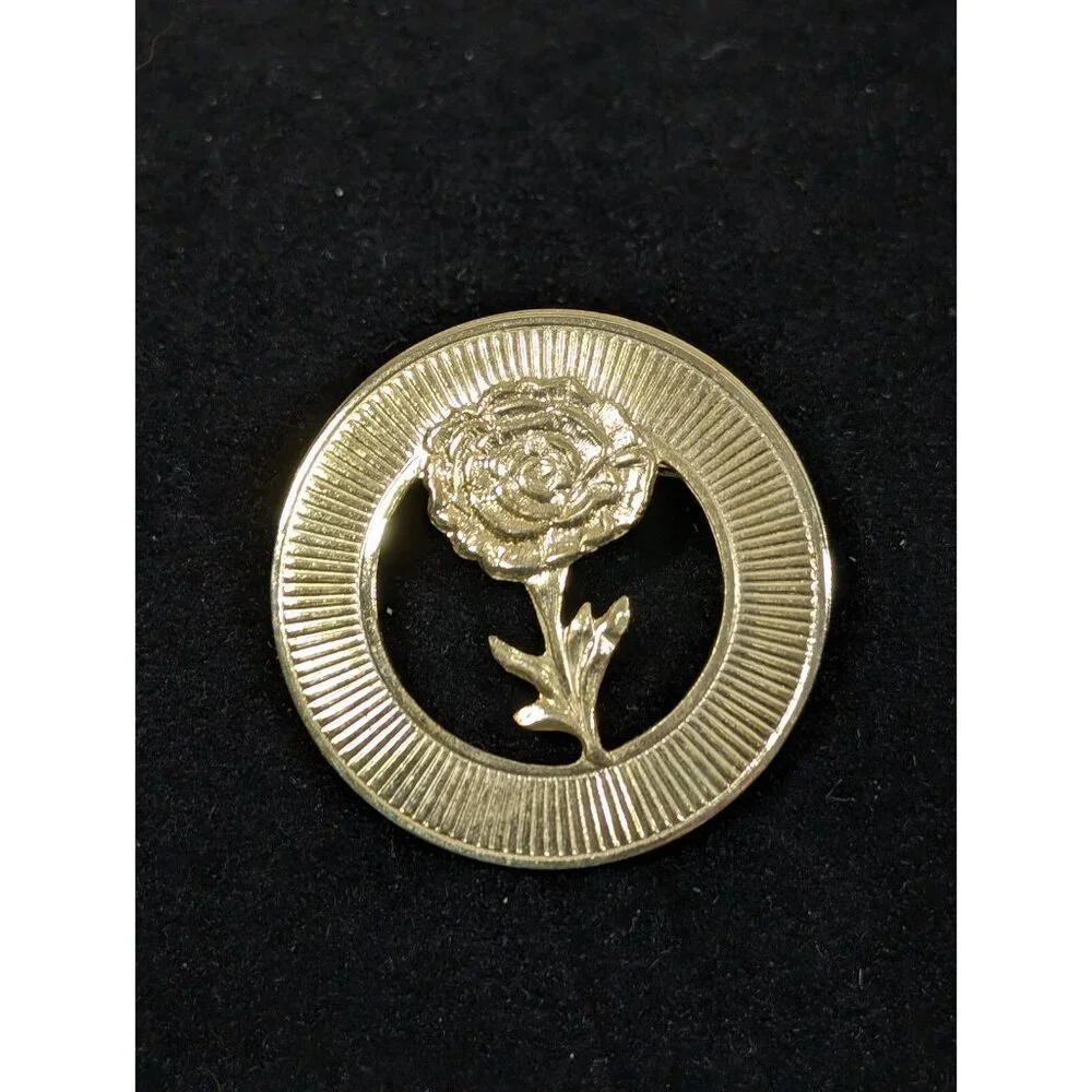 Vintage Gold‎ Tone Ribbed Rose Flower Round Wreath Pin Brooch Retro